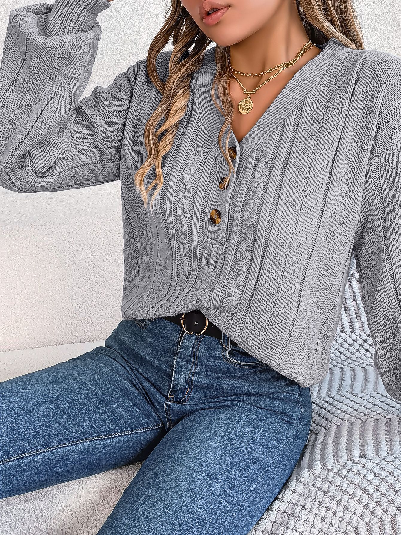 New Arrivals Fashion Winter Women's Puff Sleeve V Neck Knitted Pullover Women Top Oversize Sweater