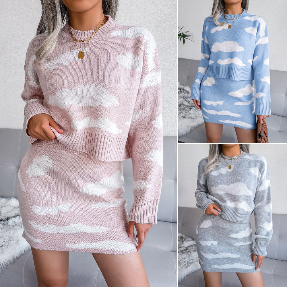 Women's Real Autumn and Winter White Cloud Knitted Sweater Set with Wrapped Hip Skirt Two-Piece Outfit