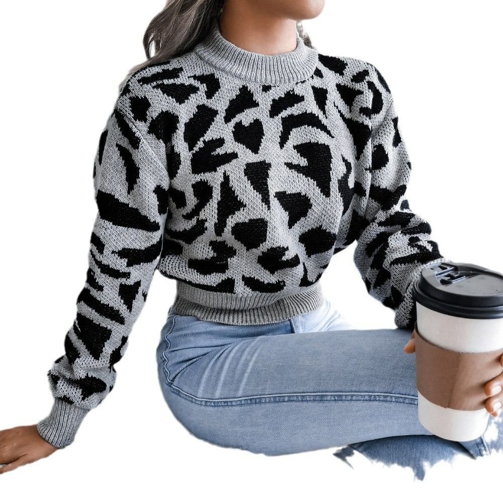 Autumn and winter Europe and the United States Casual Leopard Print Waist Knit Crop Sweater