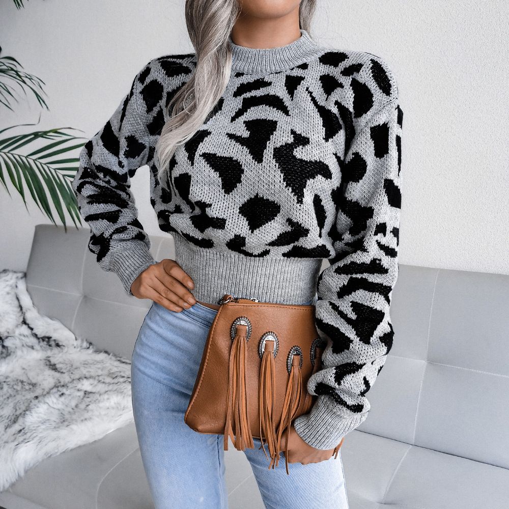 Autumn and winter Europe and the United States Casual Leopard Print Waist Knit Crop Sweater