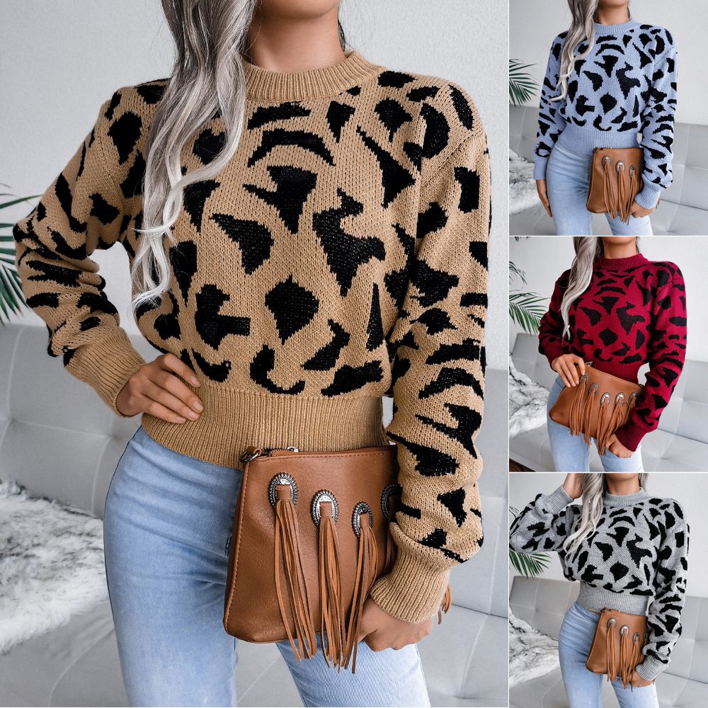 Autumn and winter Europe and the United States Casual Leopard Print Waist Knit Crop Sweater