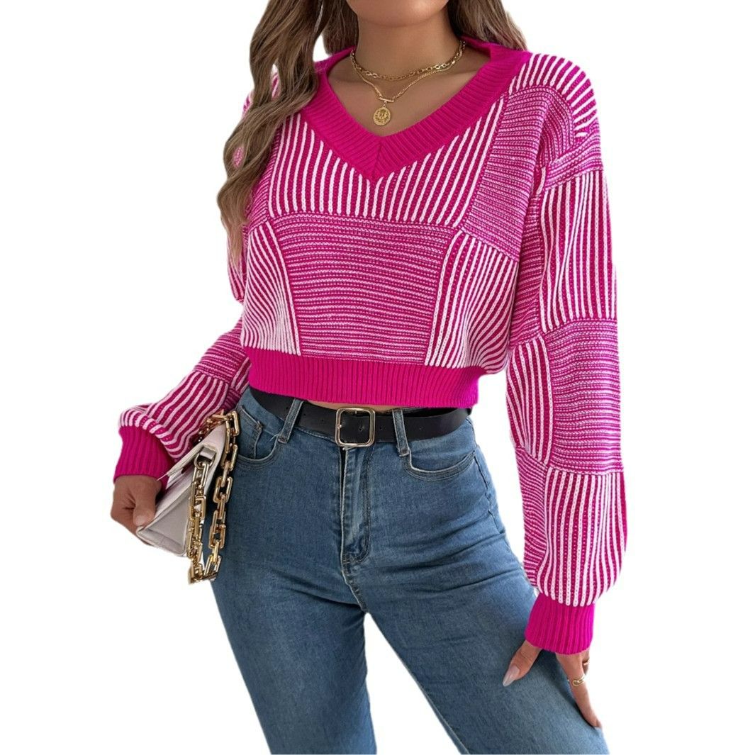 Wholesale Custom Stripe Knitwear manufacturer Knitted Crop Top Pullover Casual V-neck Women Knit Sweater For Women