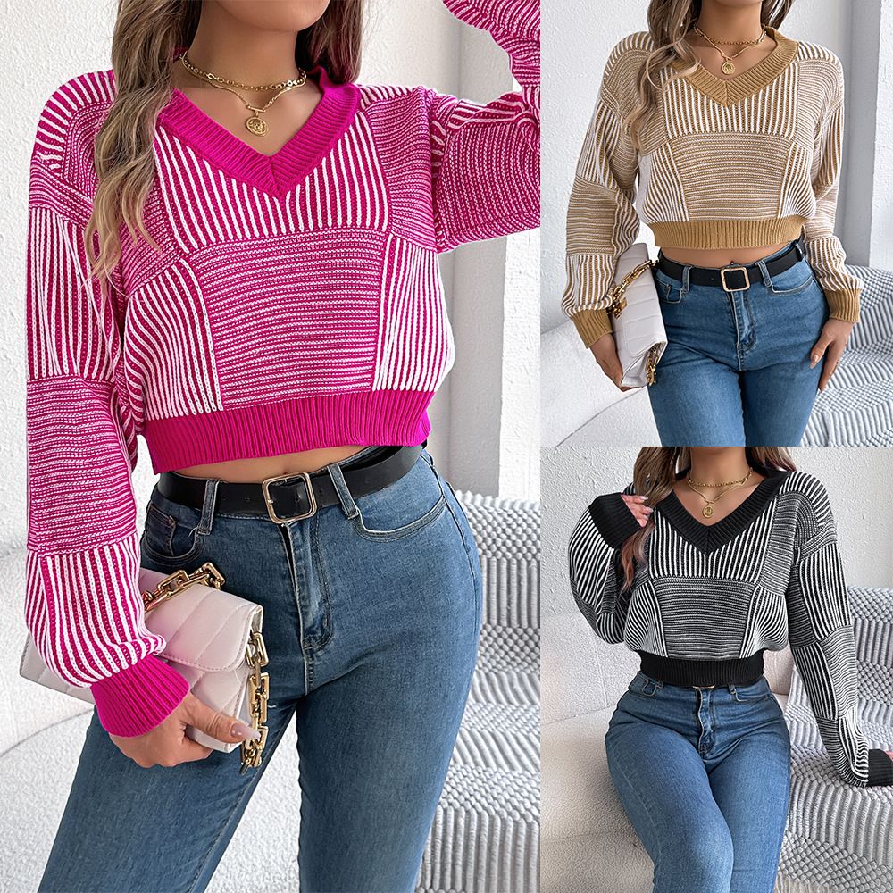 Wholesale Custom Stripe Knitwear manufacturer Knitted Crop Top Pullover Casual V-neck Women Knit Sweater For Women