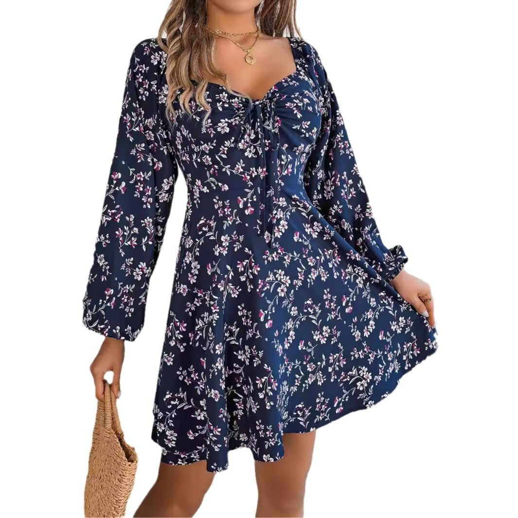 Autumn/winter Europe And The United States Casual Sexy Lace-up Square Collar Floral Long Sleeve A Line Skirt