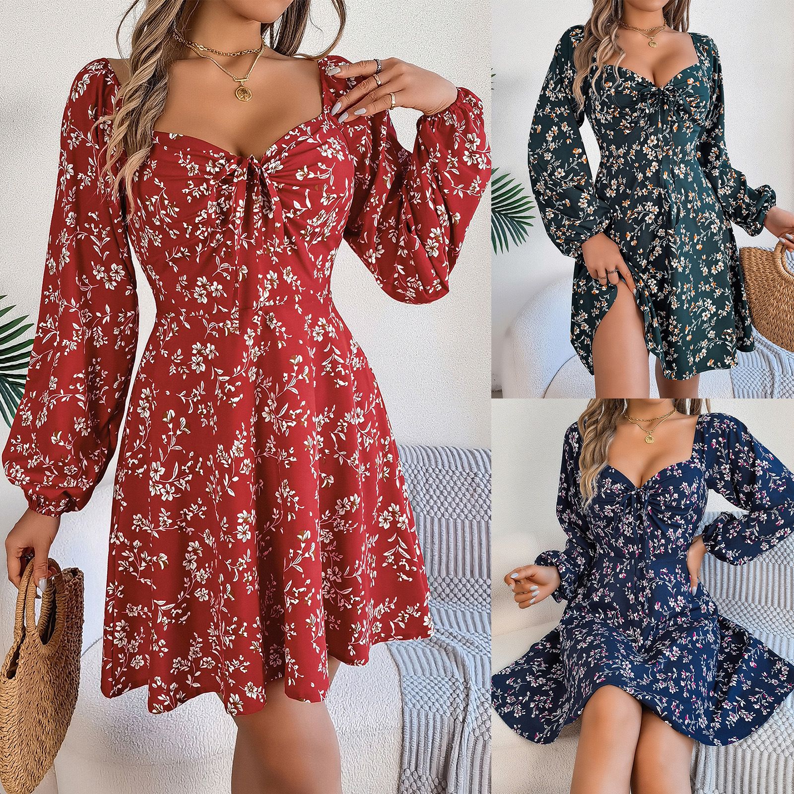 Autumn/winter Europe And The United States Casual Sexy Lace-up Square Collar Floral Long Sleeve A Line Skirt