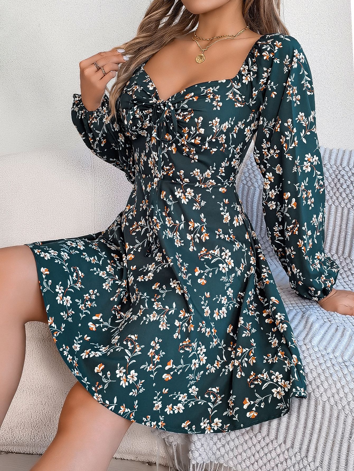 Autumn/winter Europe And The United States Casual Sexy Lace-up Square Collar Floral Long Sleeve A Line Skirt