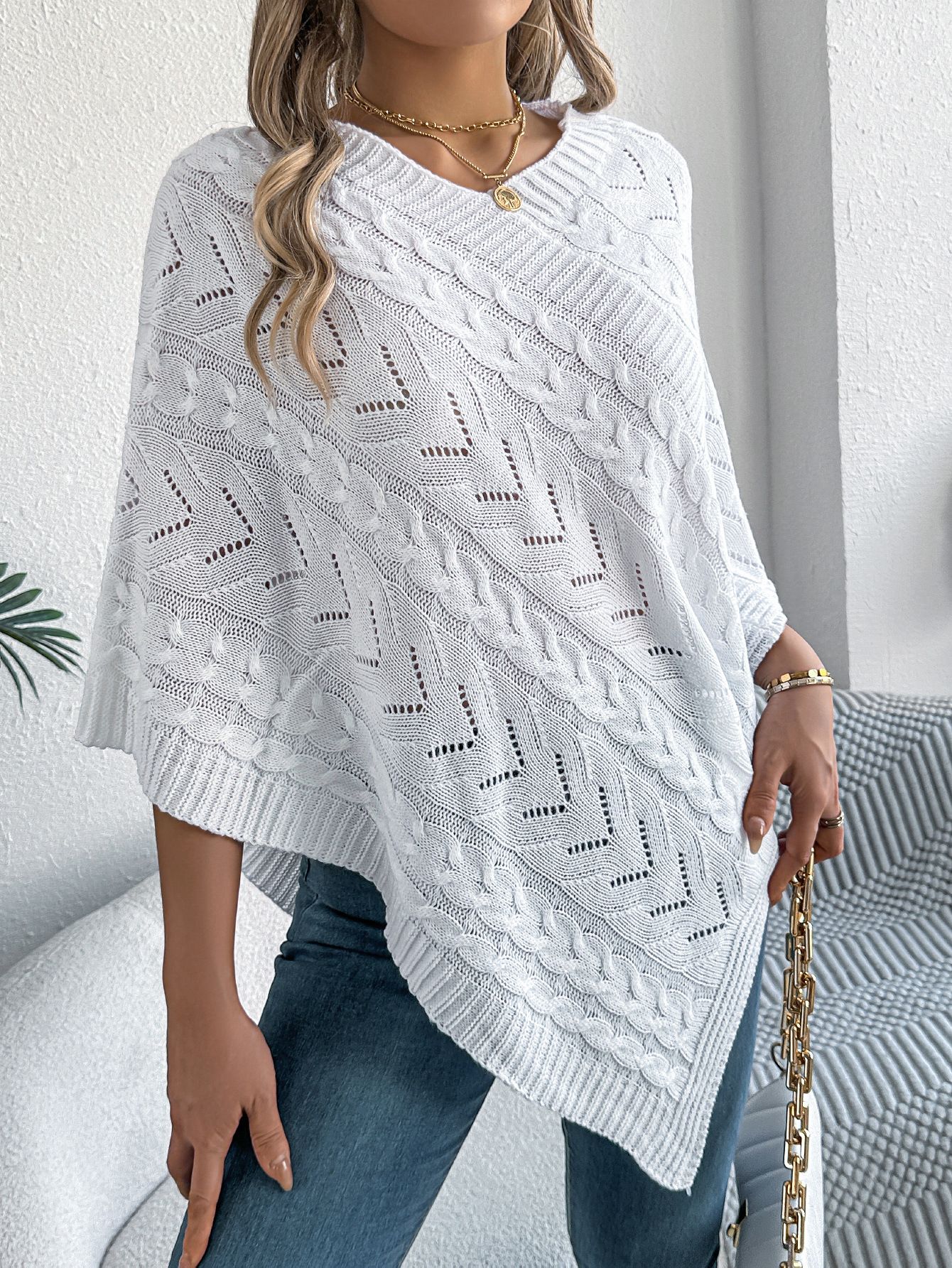 Merino Wool Bohemian Chic Approach Aran Popular Cable Knit Design & Moss Stitch Poncho