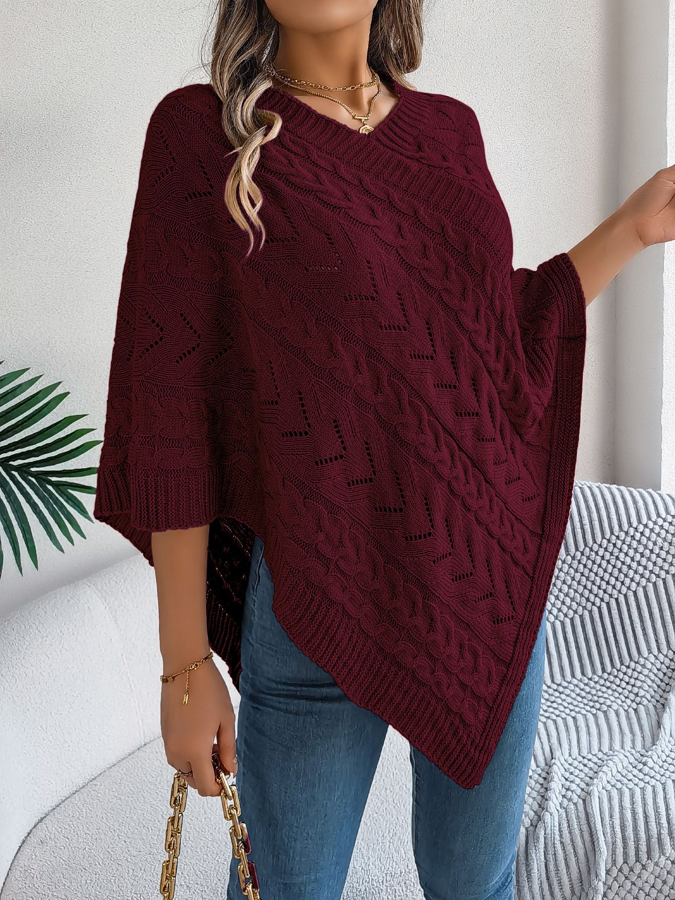 Merino Wool Bohemian Chic Approach Aran Popular Cable Knit Design & Moss Stitch Poncho