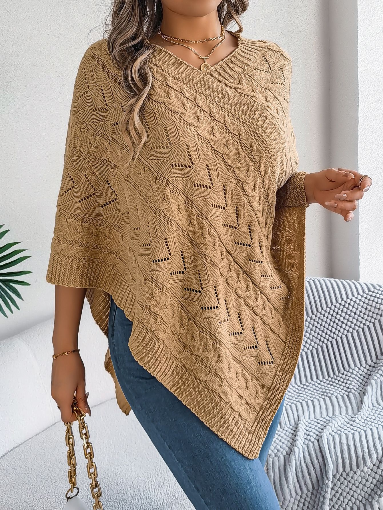 Merino Wool Bohemian Chic Approach Aran Popular Cable Knit Design & Moss Stitch Poncho