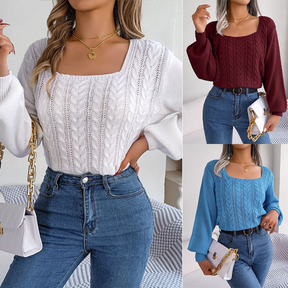 Solid Color Square Collar Temperament Long Sleeved Pull Over Fashion Design Women Luxury Sweaters Wholesale