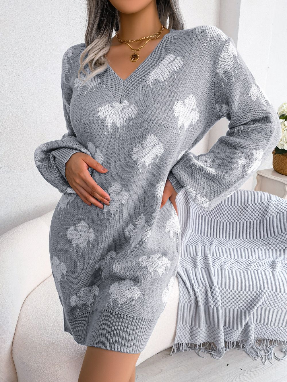 Autumn/Winter Round Neck Plaid Rib Closure Women's Sweater Dress cardigan women knitted sweater
