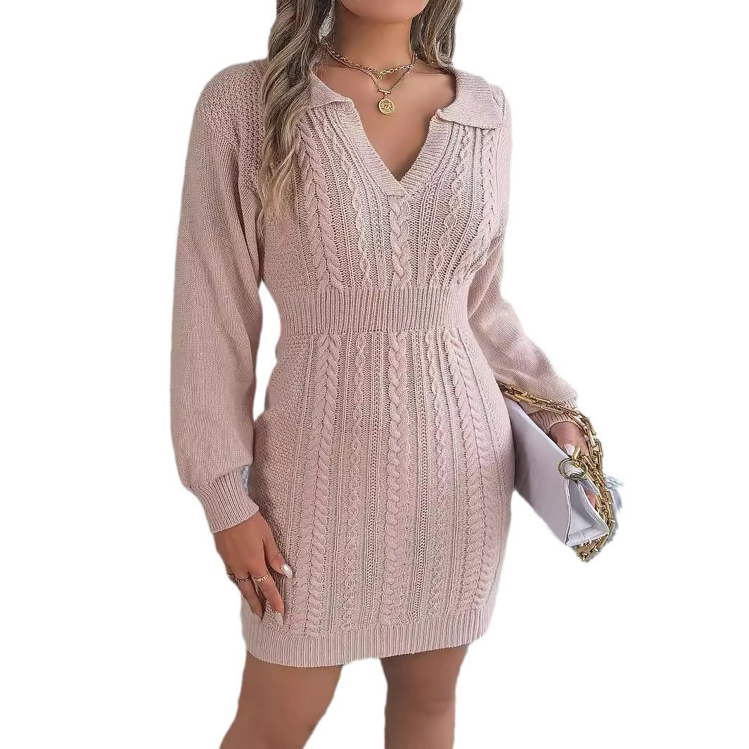 New Designer Women Clothes Plaid Sweater Dress V-neck Long Sleeve Medium Length Knitted Loose Sweaters Dress