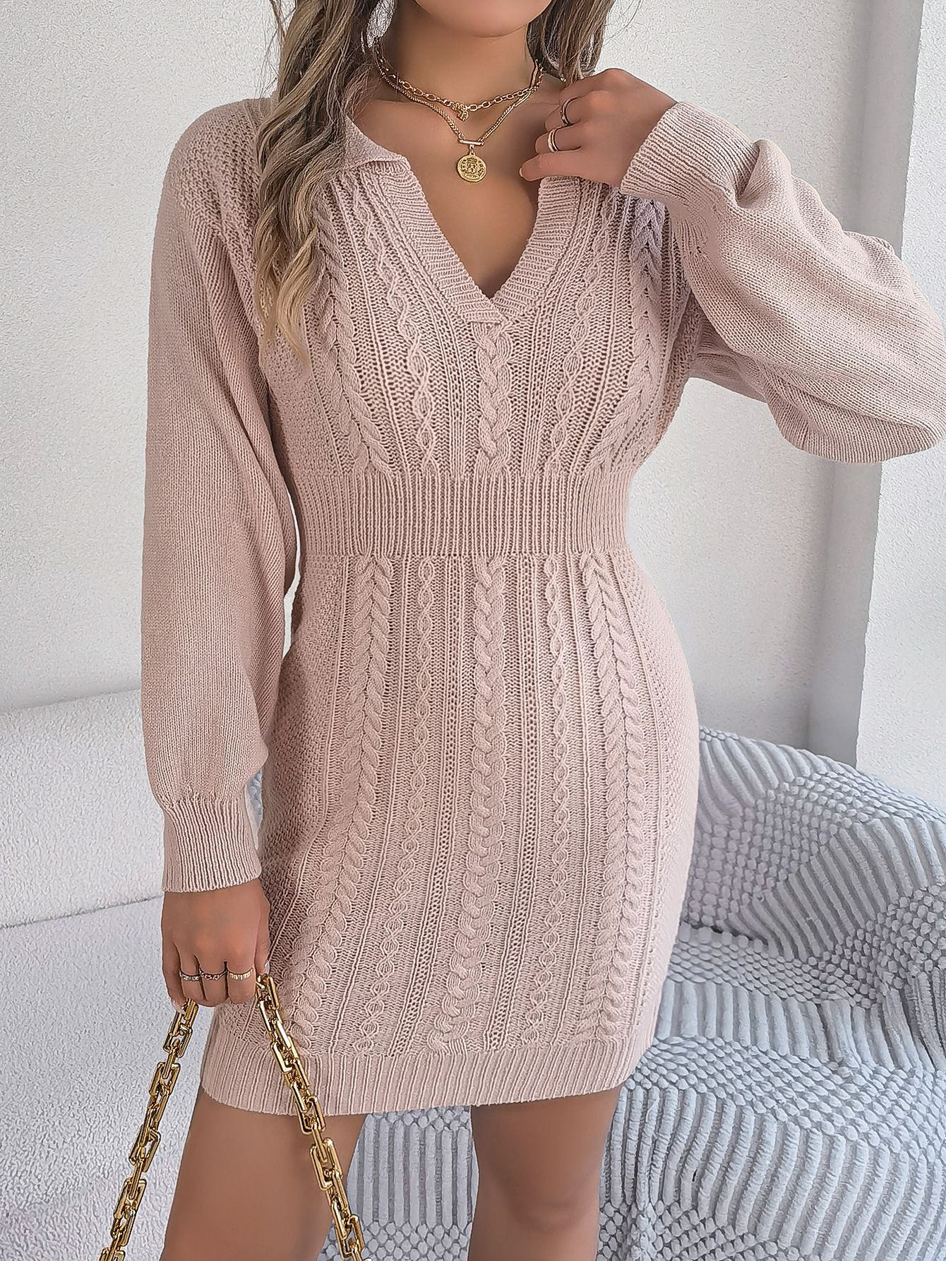 New Designer Women Clothes Plaid Sweater Dress V-neck Long Sleeve Medium Length Knitted Loose Sweaters Dress