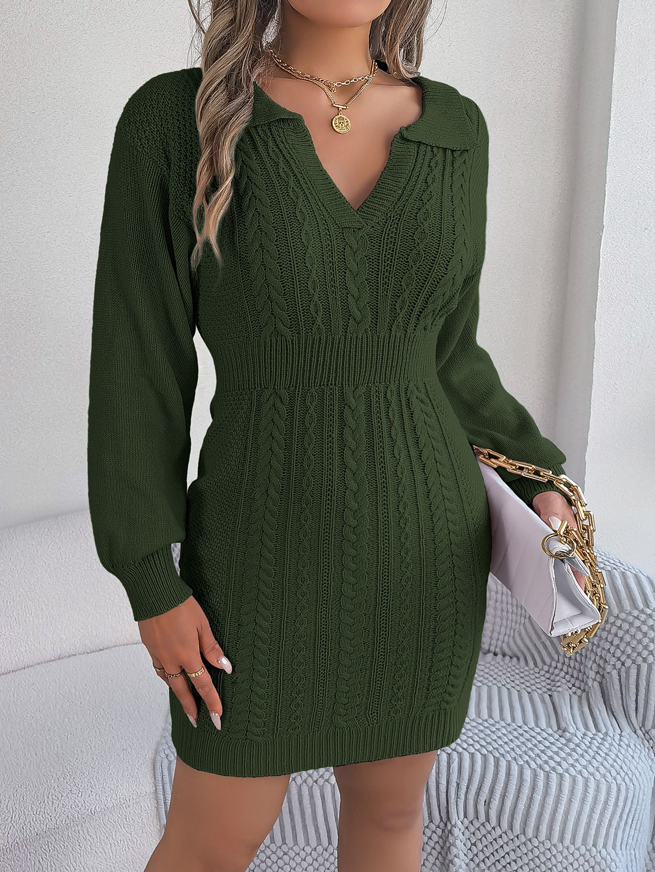 New Designer Women Clothes Plaid Sweater Dress V-neck Long Sleeve Medium Length Knitted Loose Sweaters Dress