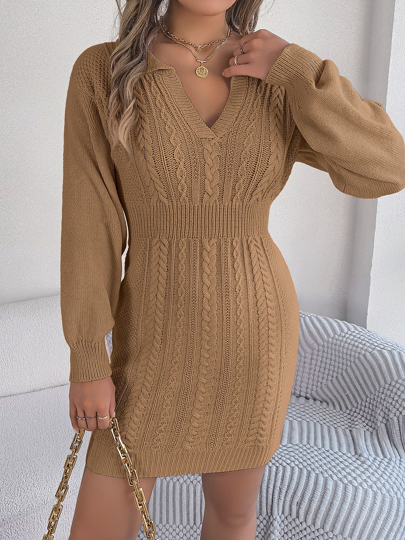 New Designer Women Clothes Plaid Sweater Dress V-neck Long Sleeve Medium Length Knitted Loose Sweaters Dress