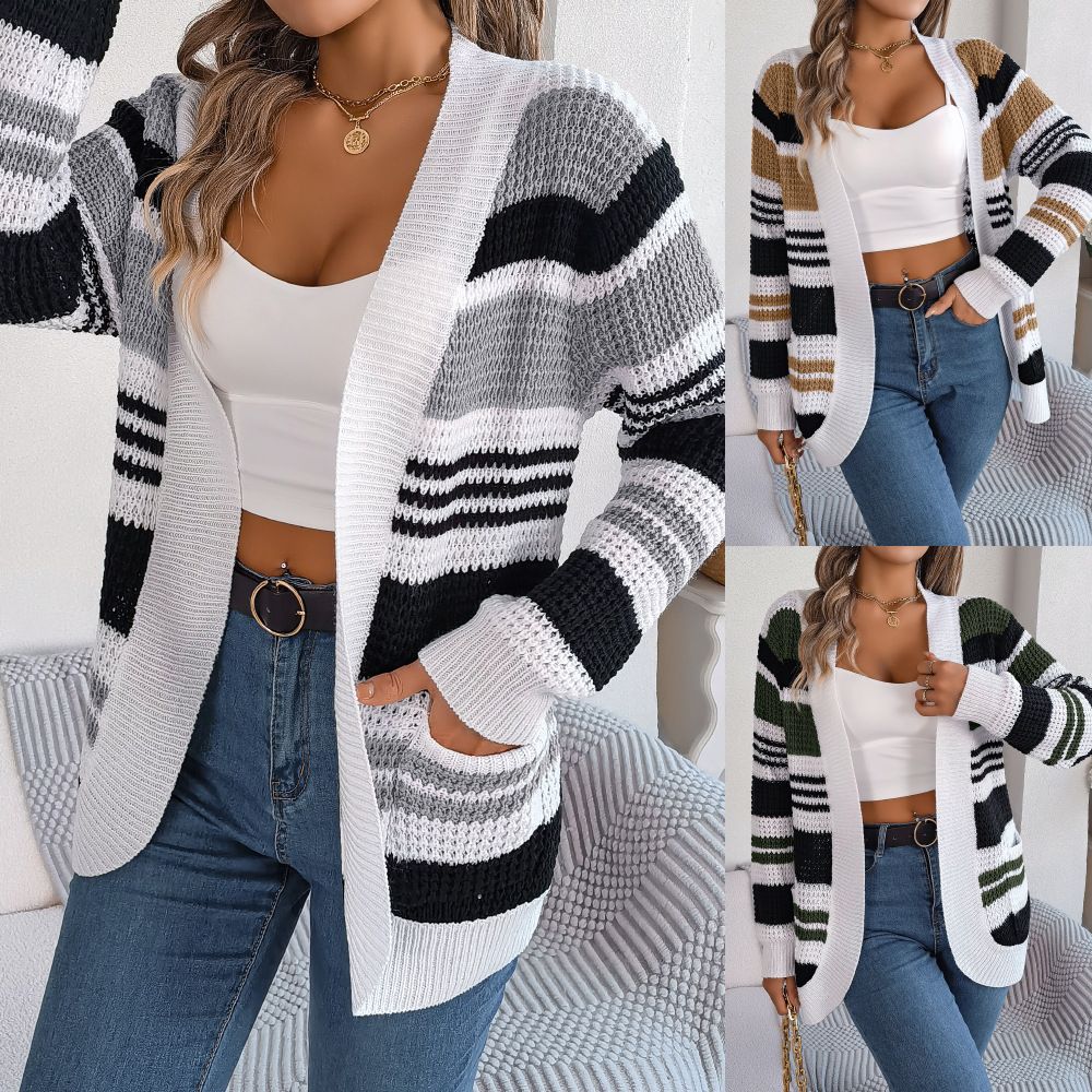Cardigan for women Hip-hop casual hidden pocket striped knitted sweater coat loose single breasted v neck jacket