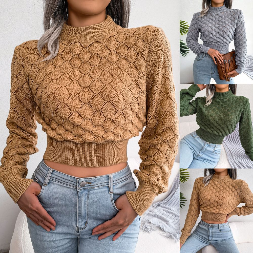 Womens fall winter fashion crop top pullover argyle hollow out knit sweater custom crop top sweater