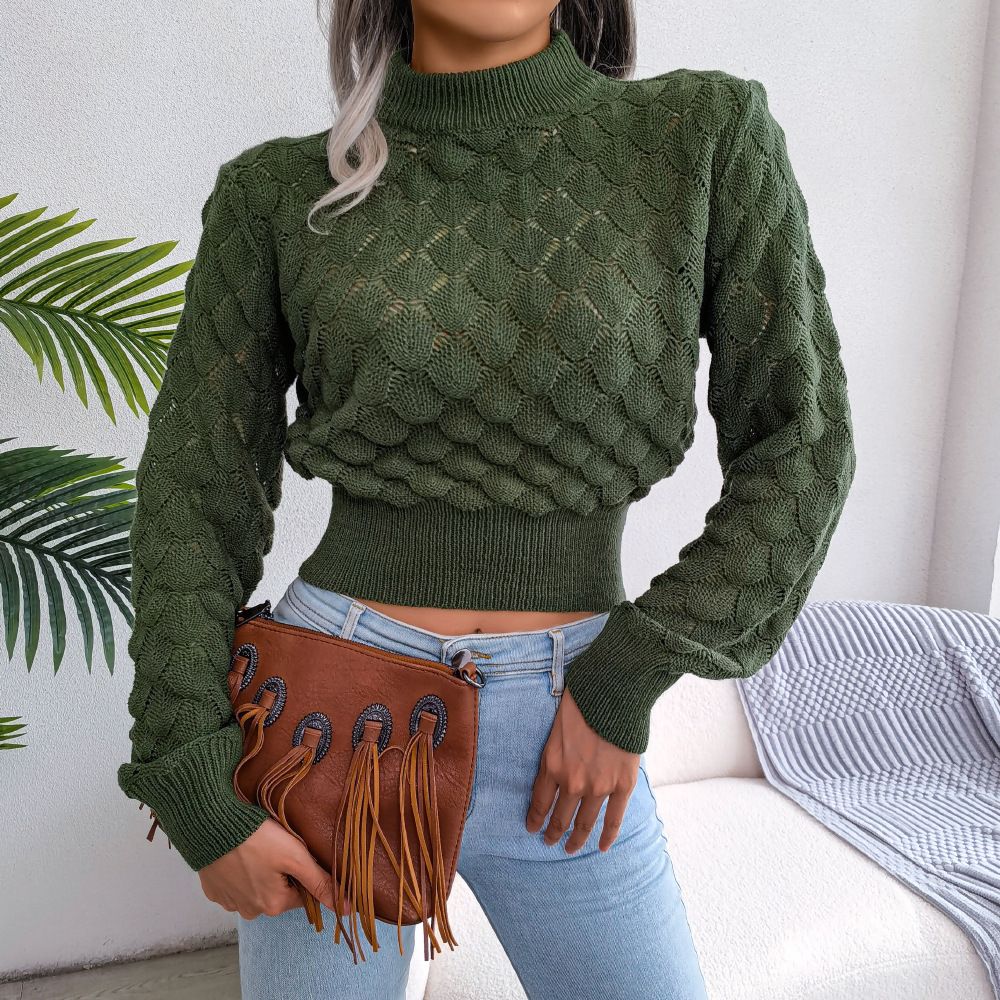 Womens fall winter fashion crop top pullover argyle hollow out knit sweater custom crop top sweater