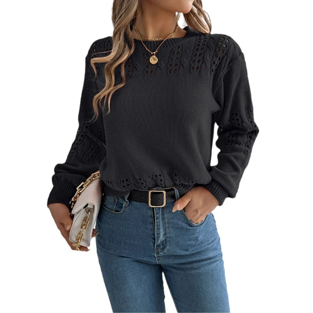 womens casual sweaters wholesale crew neck pullover hollow lantern sleeves Arylic sweater winter clothes