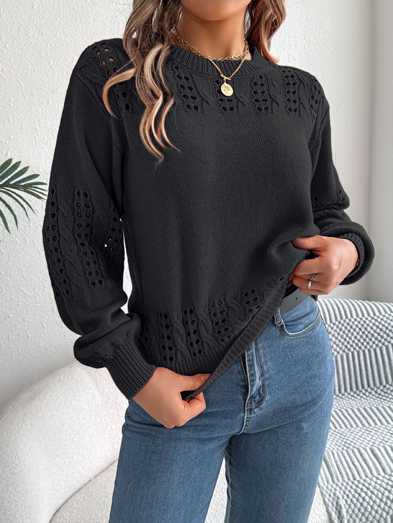 womens casual sweaters wholesale crew neck pullover hollow lantern sleeves Arylic sweater winter clothes