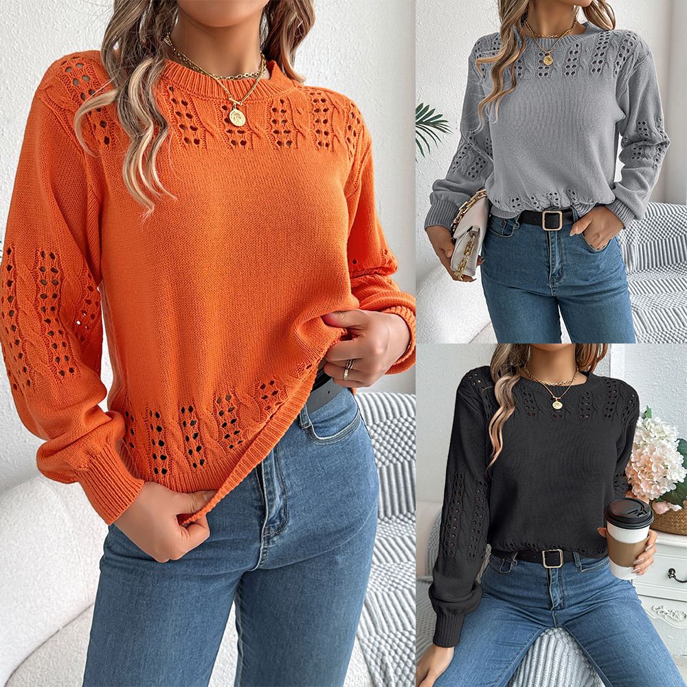 womens casual sweaters wholesale crew neck pullover hollow lantern sleeves Arylic sweater winter clothes