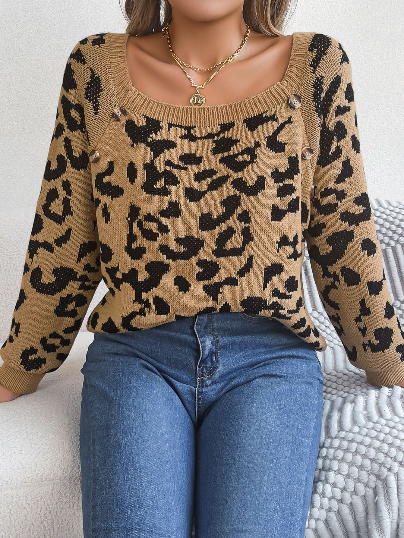 Woollen Thick Knit Leopard Print casual For Women Pullover Tops Knitted Cute High Quality Sweater