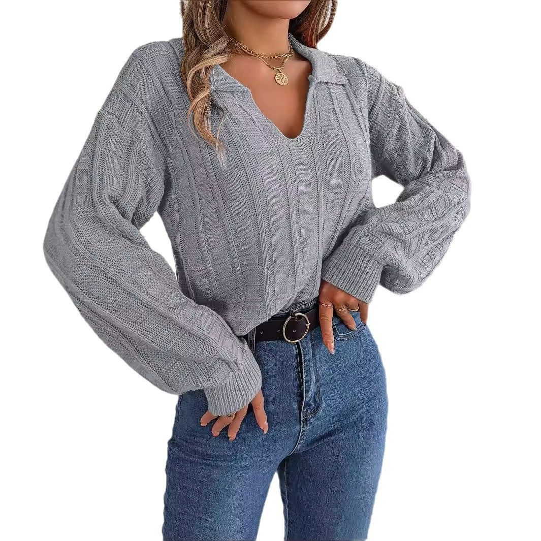 Casual Lapel Twist Hemp Pattern Knitting Cozy Sweater Top Spring And Autumn Soli Cotton For Women