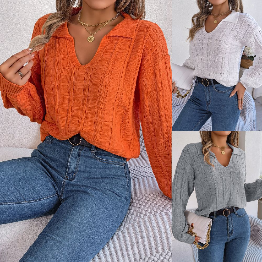 Casual Lapel Twist Hemp Pattern Knitting Cozy Sweater Top Spring And Autumn Soli Cotton For Women