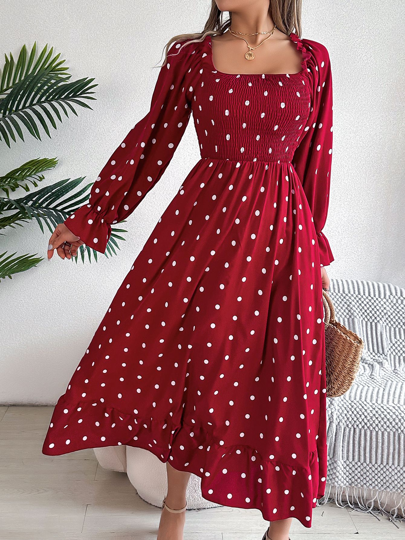Autumn Winter European American Leisure Large Swing Dress Fashion New Real Shot Wooden Ear Square Collar Polka Dot Maxi