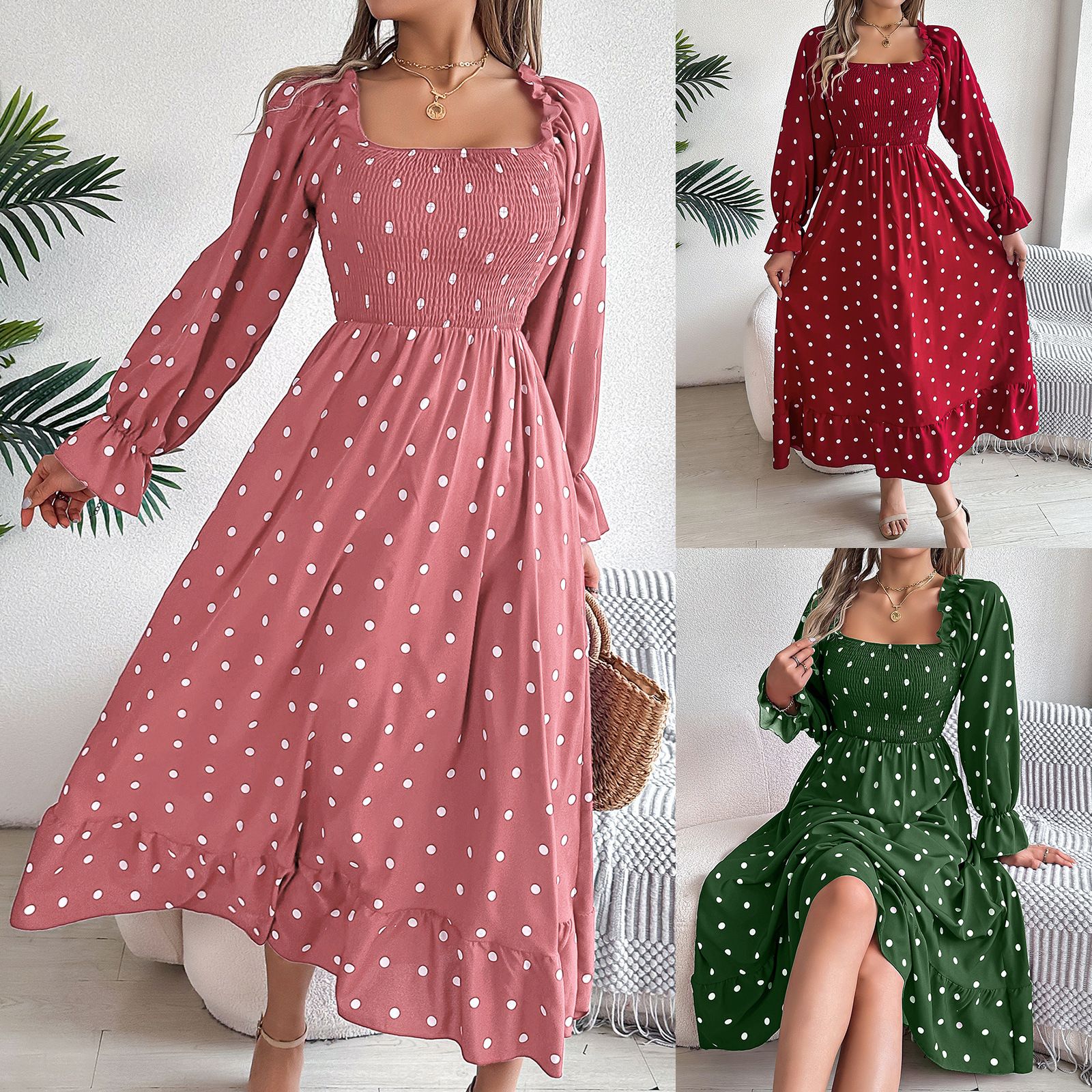 Autumn Winter European American Leisure Large Swing Dress Fashion New Real Shot Wooden Ear Square Collar Polka Dot Maxi