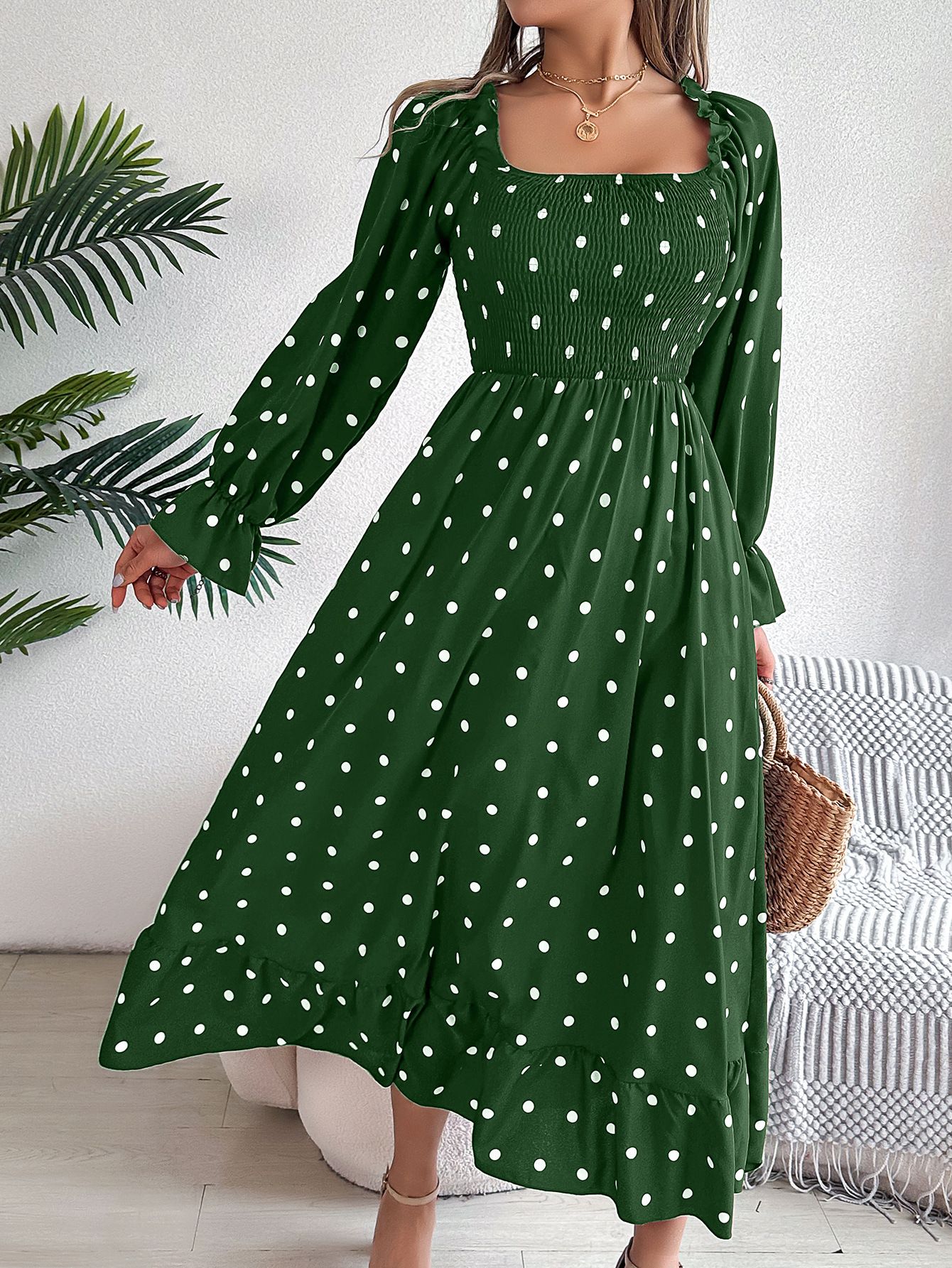 Autumn Winter European American Leisure Large Swing Dress Fashion New Real Shot Wooden Ear Square Collar Polka Dot Maxi