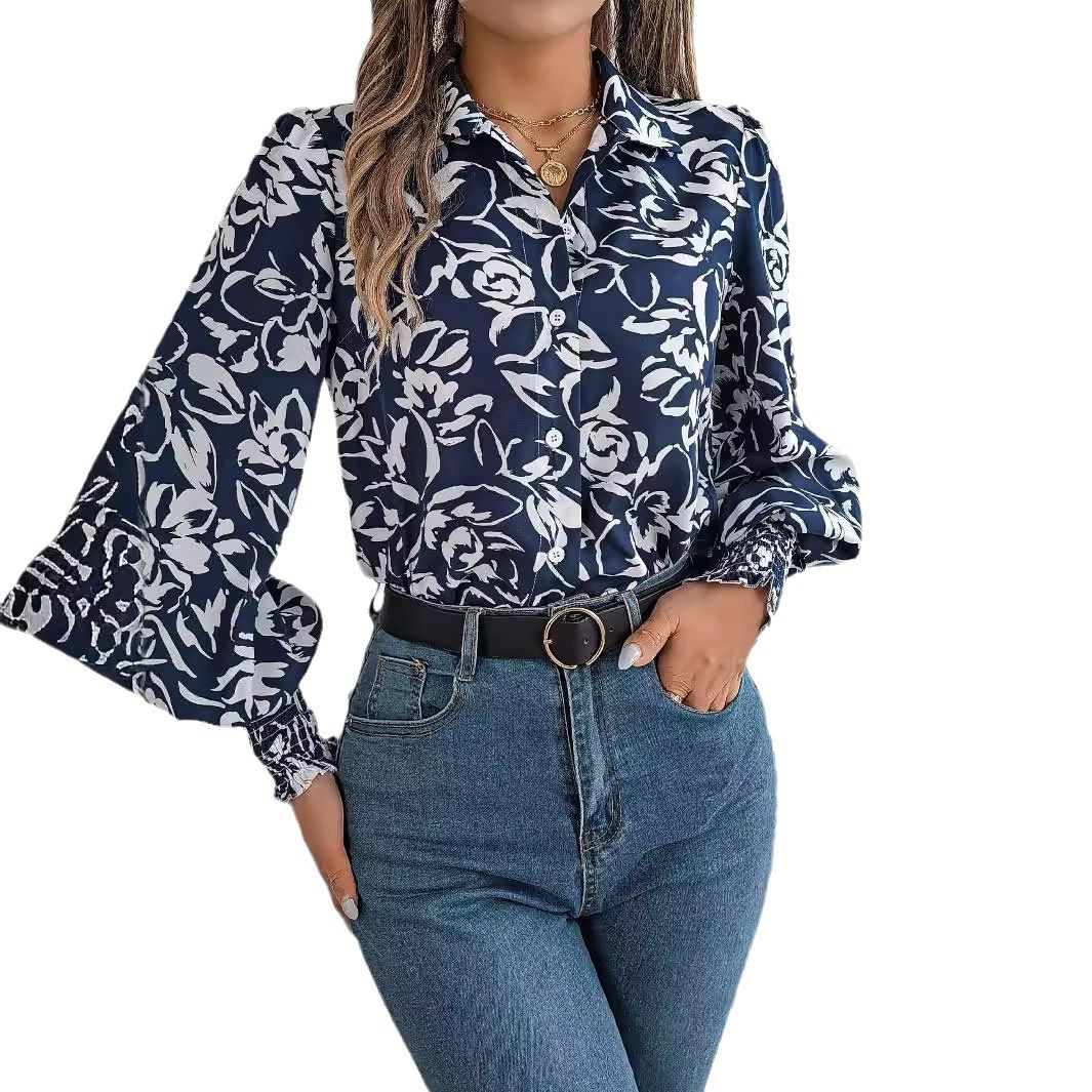 Women Printed Elegant T-shirt Long Lantern Sleeve Lapel Collar Button Up Shirt Top Autumn Winter Office Lady Casual Shirt