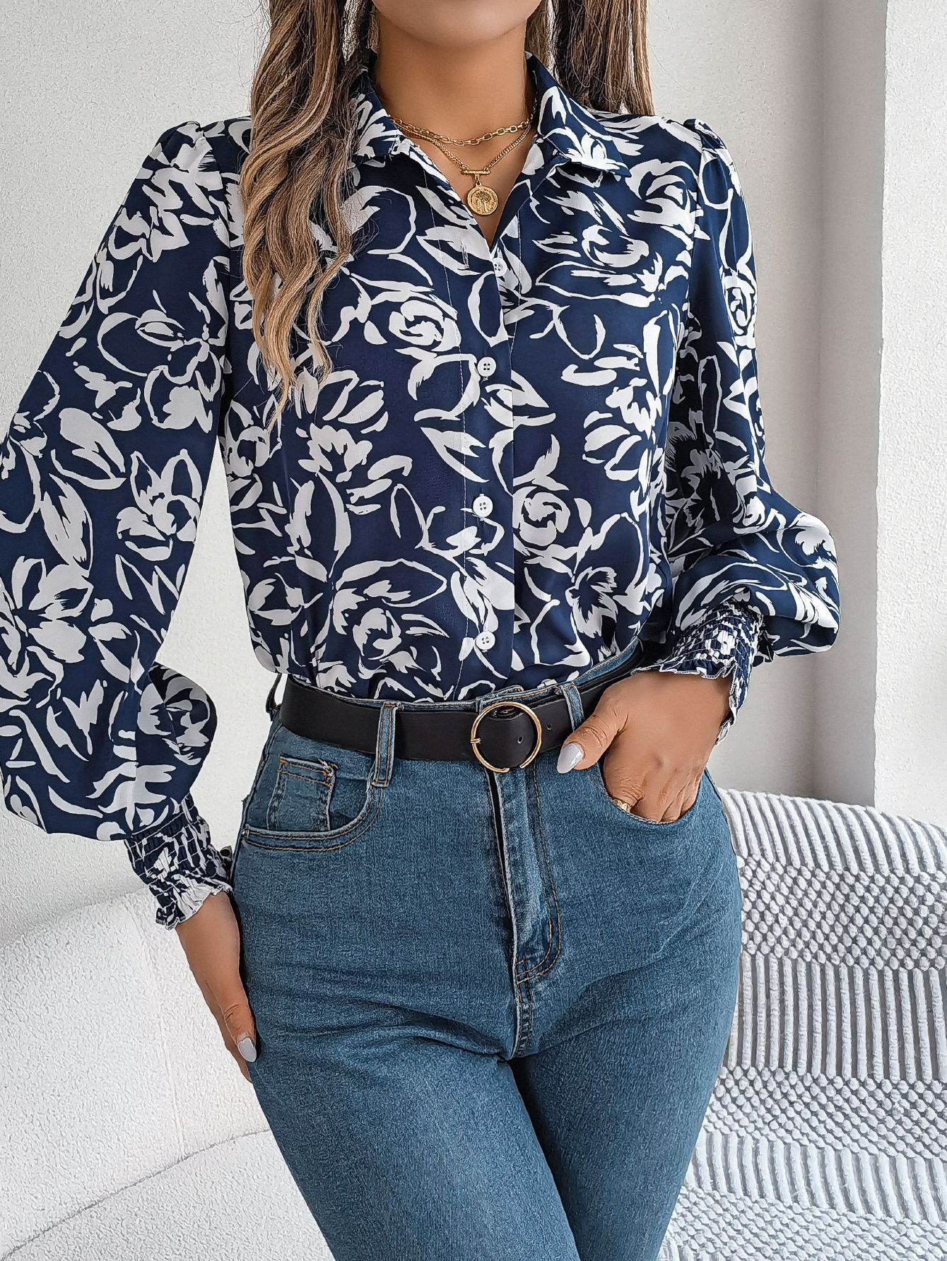 Women Printed Elegant T-shirt Long Lantern Sleeve Lapel Collar Button Up Shirt Top Autumn Winter Office Lady Casual Shirt