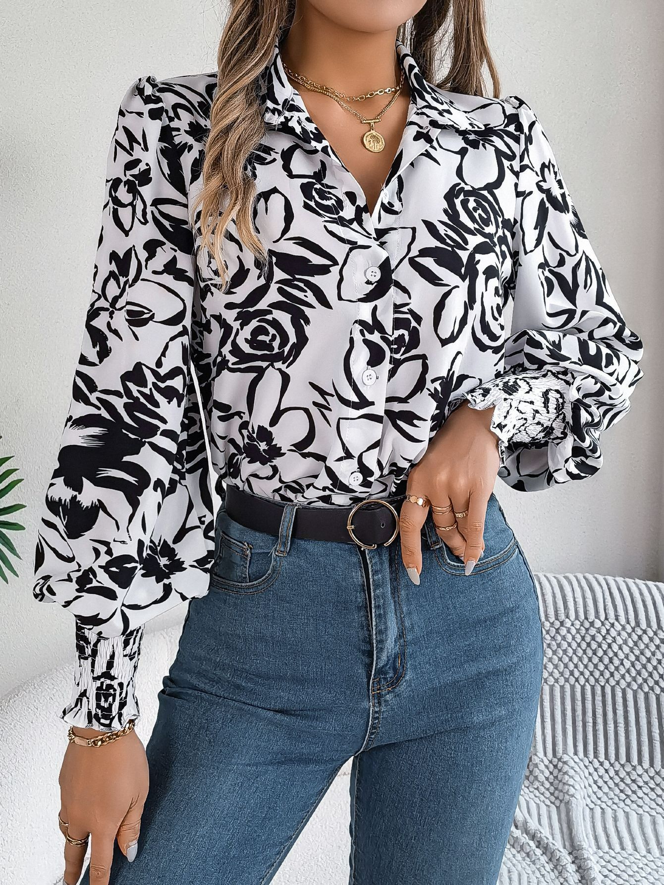 Women Printed Elegant T-shirt Long Lantern Sleeve Lapel Collar Button Up Shirt Top Autumn Winter Office Lady Casual Shirt