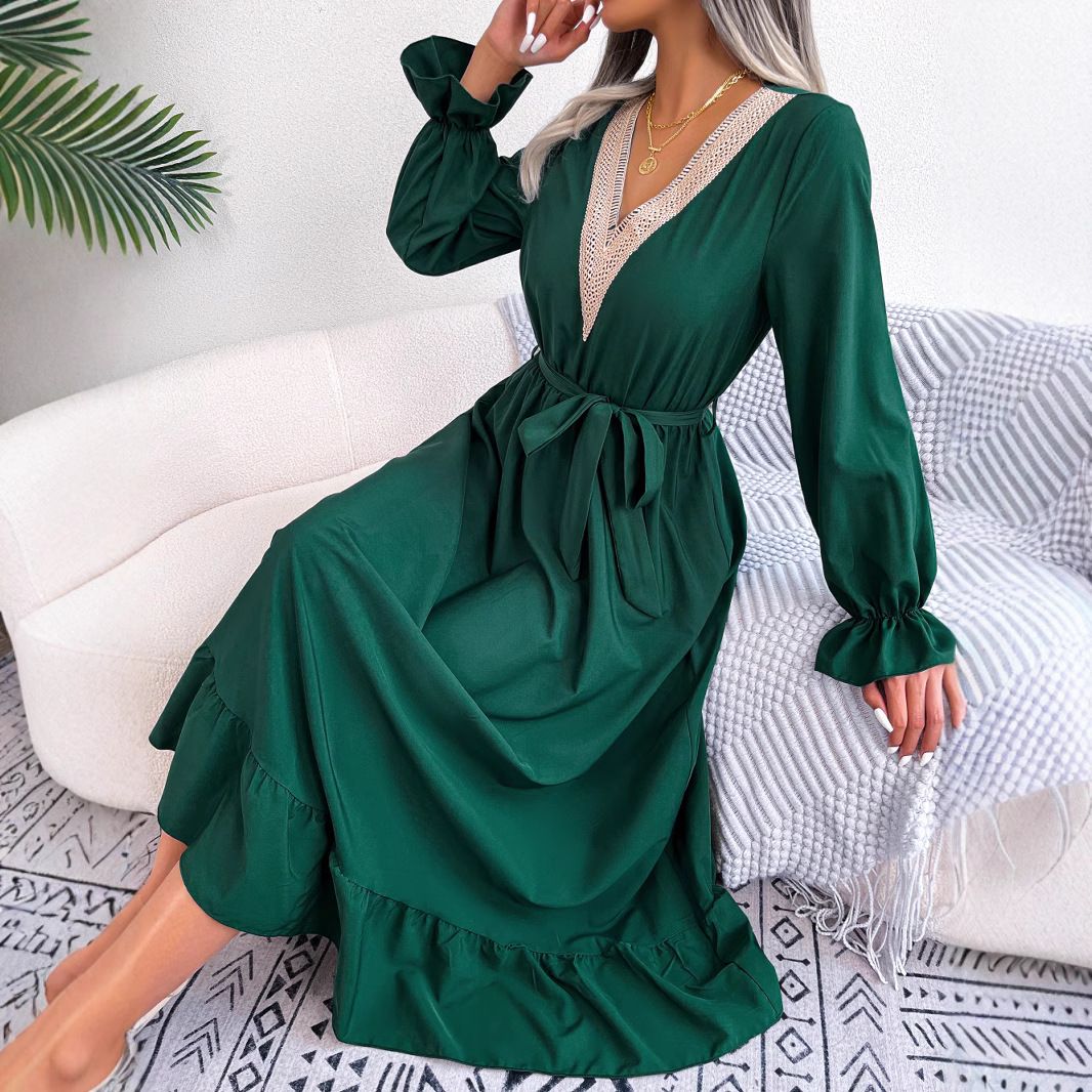 Fashion Women Summer Spring Explosive Custom Models V-neck Long-sleeved Chiffon Dresses In The Long Dress