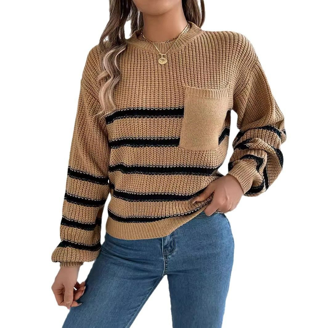 Knitted Top Pocket Decoration Women's Casual Round Neck Striped Contrasting Short Sleeved Sweater