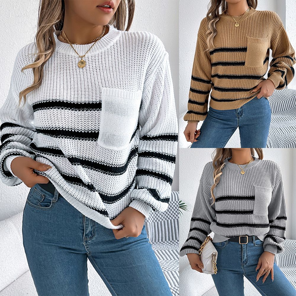 Knitted Top Pocket Decoration Women's Casual Round Neck Striped Contrasting Short Sleeved Sweater
