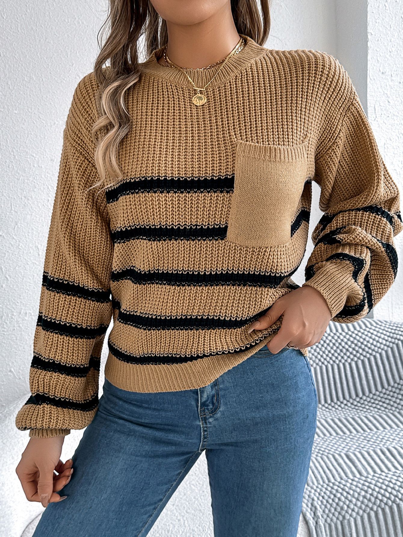 Knitted Top Pocket Decoration Women's Casual Round Neck Striped Contrasting Short Sleeved Sweater