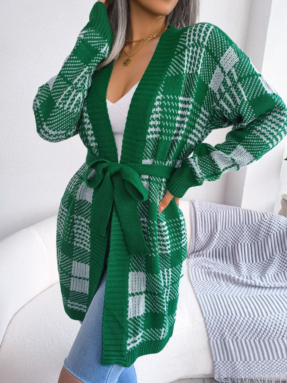 Christmas Cardigan Sweaters with Pocket Long Sleeve Lightweight Plaid Long cardigan sweater women