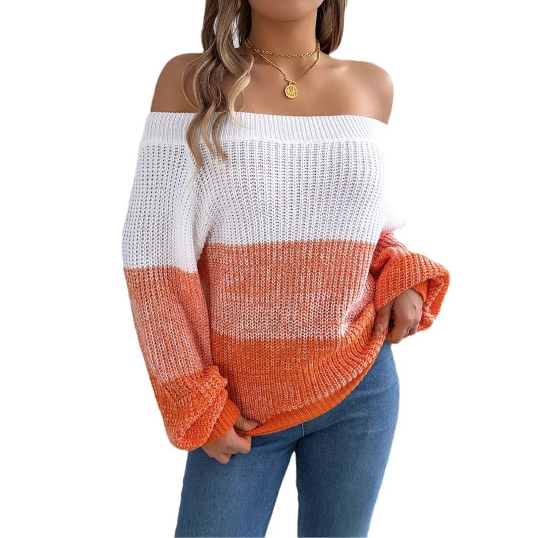 Winter Warm Casual Women's Clothing Color blocked Off Shoulder Lantern Sleeve Head Pullover Knit Sweater Women