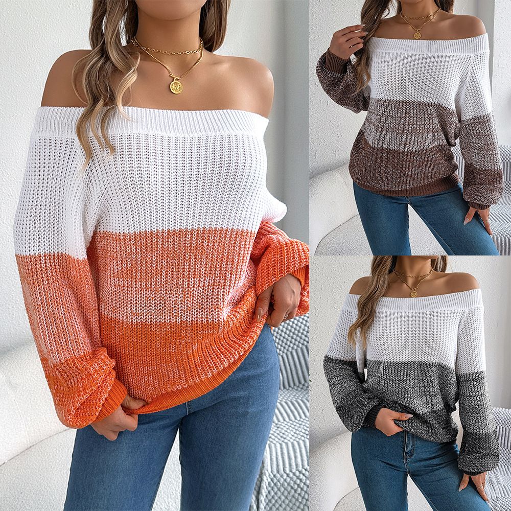 Winter Warm Casual Women's Clothing Color blocked Off Shoulder Lantern Sleeve Head Pullover Knit Sweater Women