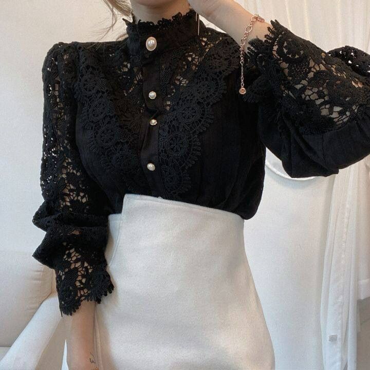 Petal Sleeve Stand Collar Hollow Out Flower Lace Patchwork Shirt Femme Blusas All-match Women Blouse Chic Button White Top