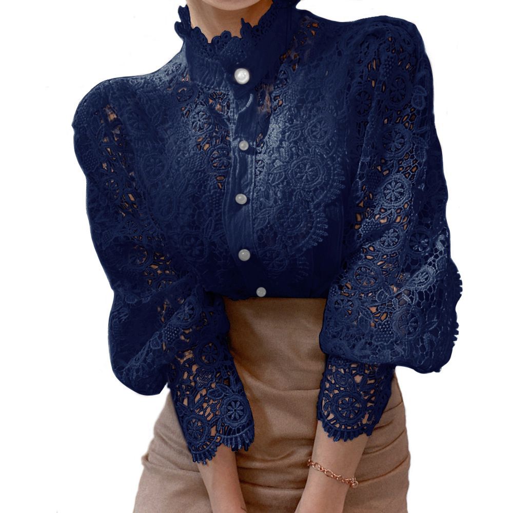Petal Sleeve Stand Collar Hollow Out Flower Lace Patchwork Shirt Femme Blusas All-match Women Blouse Chic Button White Top