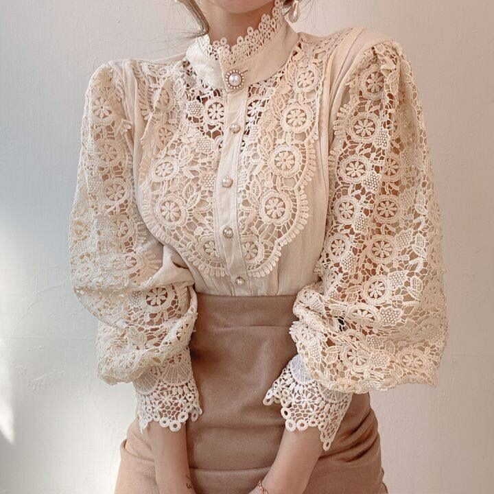 Petal Sleeve Stand Collar Hollow Out Flower Lace Patchwork Shirt Femme Blusas All-match Women Blouse Chic Button White Top