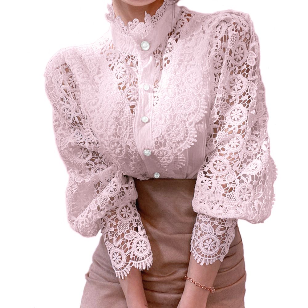 Petal Sleeve Stand Collar Hollow Out Flower Lace Patchwork Shirt Femme Blusas All-match Women Blouse Chic Button White Top