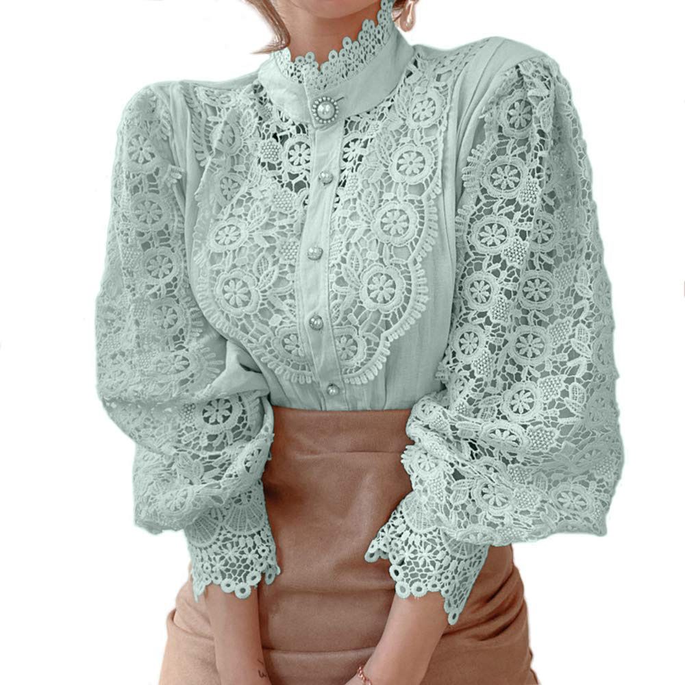 Petal Sleeve Stand Collar Hollow Out Flower Lace Patchwork Shirt Femme Blusas All-match Women Blouse Chic Button White Top