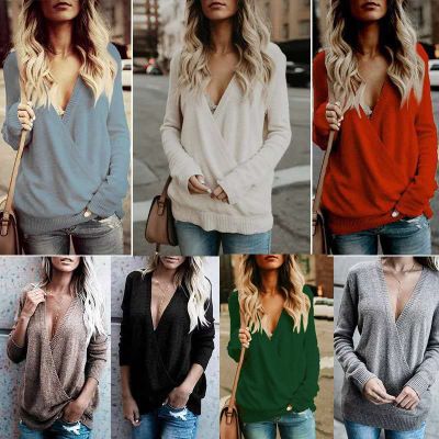 Autumn Deep V Neck Sexy Pullover Women Fashion Loose Knitting Sweaters lady sweater