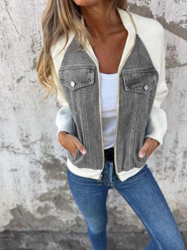 Autumn Winter Patchwork Turn Down Collar Women's Coat Spliced Denim Jacket For Women