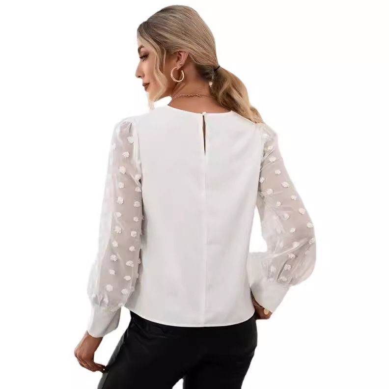 Spring autumn white top new style polka dot lace long sleeve blouse casual wear half-neck shirt/chiffon shirt women