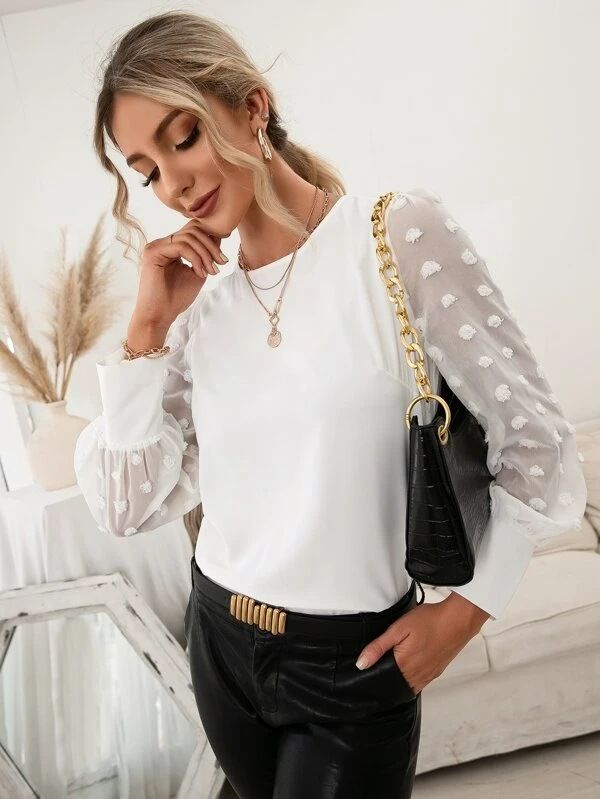 Spring autumn white top new style polka dot lace long sleeve blouse casual wear half-neck shirt/chiffon shirt women